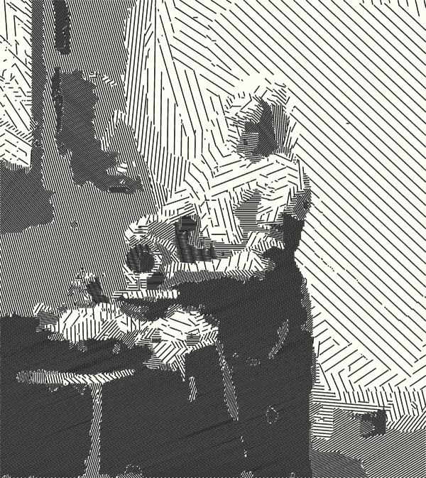 the painting redrawn as black hatch lines on white paper